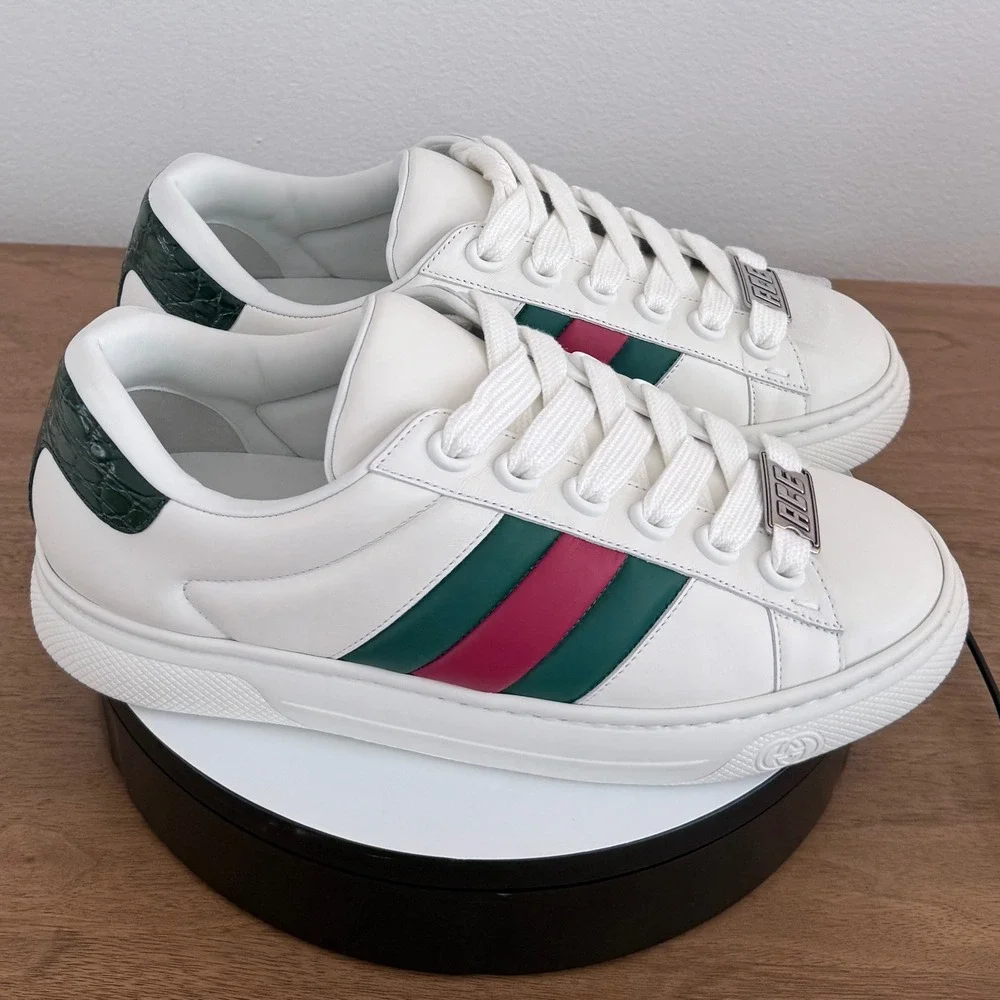 Gucci Ace White Leather Web Stripe Sneakers Green Croc Heel 791394 Mens UK 9